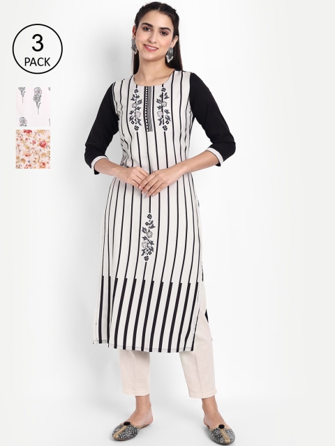 

Ethnic basket Women Pack of 3 Ethnic Motifs Printed Crepe Kurta, White