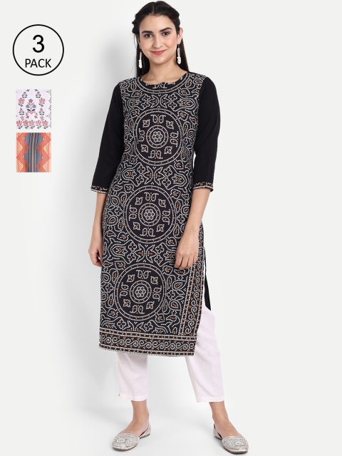 

Ethnic basket Women Pack Of 3 Printed Crepe Kurta, Black