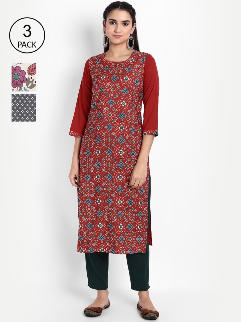 

Ethnic basket Women Pack of 3 Ethnic Motifs Printed Crepe Kurta, Red