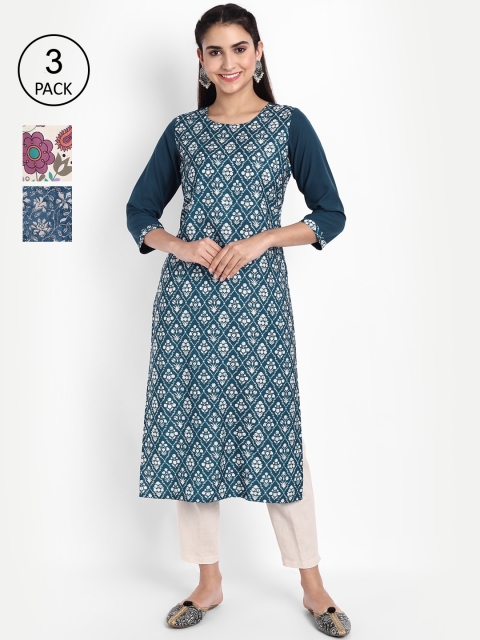

Ethnic basket Women Pack Of 3 Printed Crepe Kurta, Blue