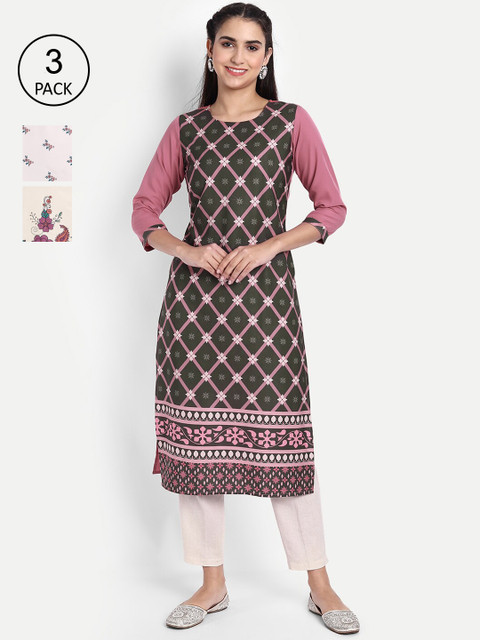 

Ethnic basket Women Pack of 3 Ethnic Motifs Printed Crepe Kurta, Green