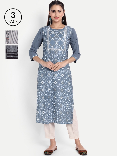 

Ethnic basket Women Pack Of 3 Printed Crepe Kurta, Blue