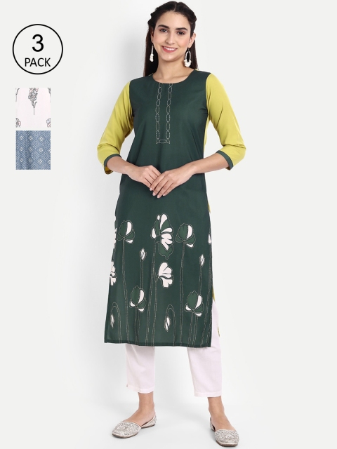 

Ethnic basket Women Pack of 3 Ethnic Motifs Printed Crepe Kurta, Green