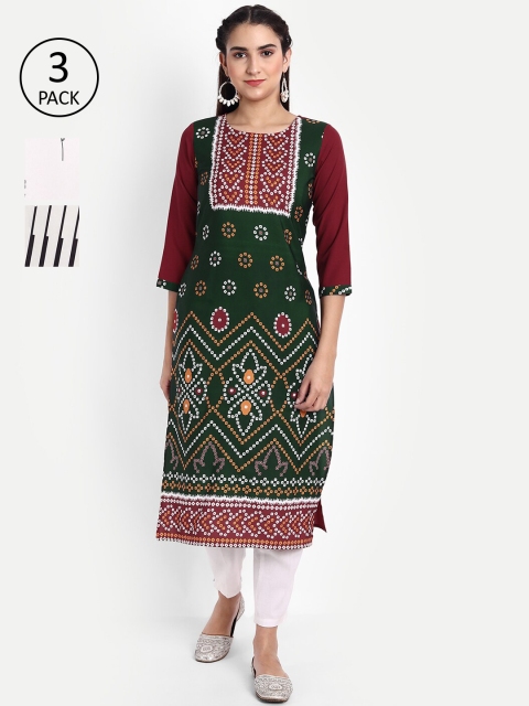 

Ethnic basket Women Pack of 3 Ethnic Motifs Printed Crepe Kurta, Green