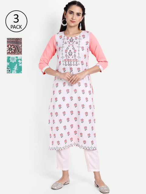 

Ethnic basket Women Pack Of 3 Printed Crepe Kurta, White