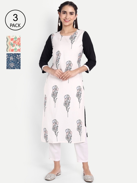 

Ethnic basket Women Pack Of 3 Printed Crepe Kurta, White