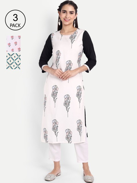 

Ethnic basket Women Pack Of 3 Printed Crepe Kurta, White