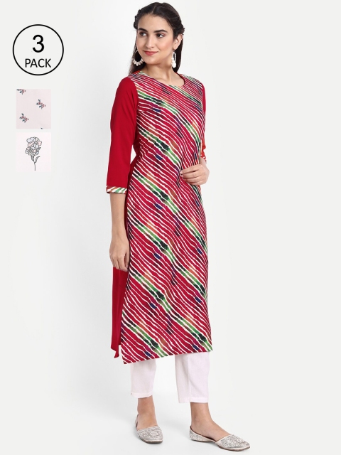 

Ethnic basket Women Pack of 3 Ethnic Motifs Printed Crepe Kurta, Red