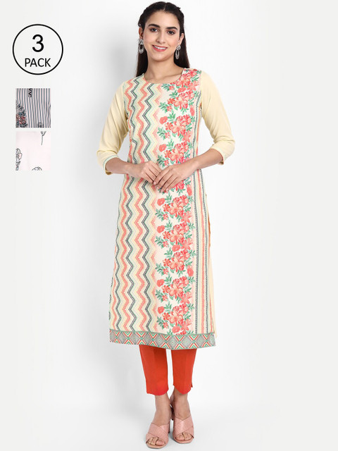 

Ethnic basket Women Pack of 3 Ethnic Motifs Printed Crepe Kurta, Yellow