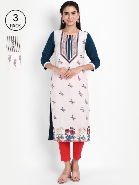 

Ethnic basket Women Pack Of 3 Printed Crepe Kurta, White