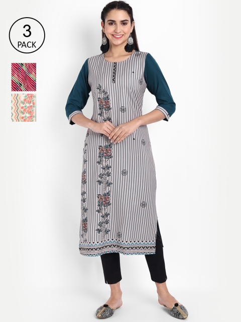 

Ethnic basket Women Pack of 3 Ethnic Motifs Printed Crepe Kurta, Red