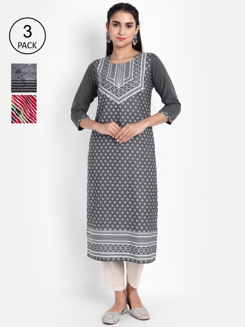 

Ethnic basket Women Pack of 3 Ethnic Motifs Printed Crepe Kurta, Grey