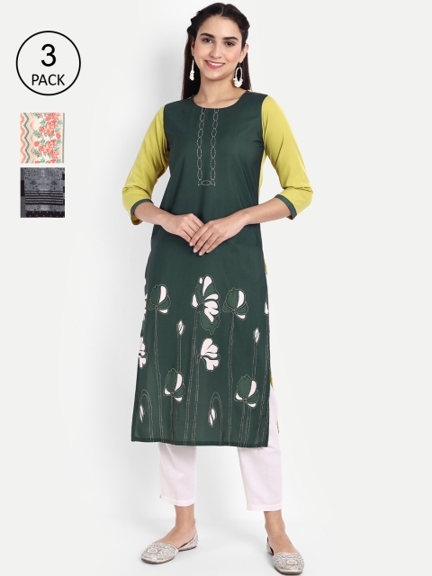 

Ethnic basket Women Pack Of 3 Printed Crepe Kurta, Green