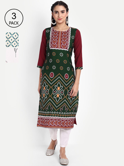 

Ethnic basket Women Pack of 3 Ethnic Motifs Printed Crepe Kurta, Green
