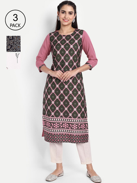 

Ethnic basket Women Pack of 3 Ethnic Motifs Printed Crepe Kurta, Green