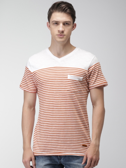 

Mast & Harbour Men White & Rust Orange Striped V-Neck T-shirt