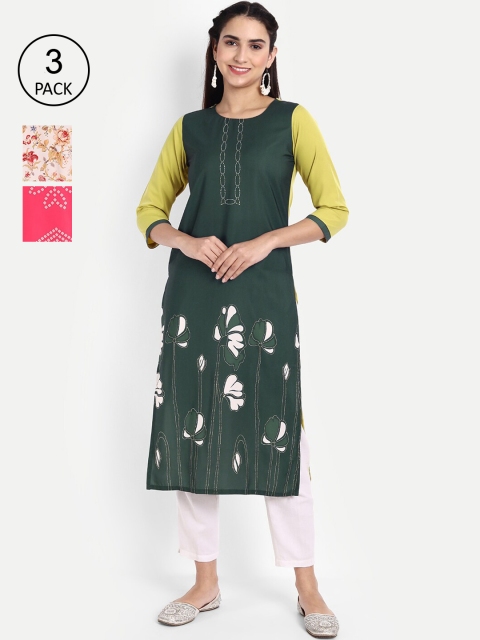 

Ethnic basket Women Pack of 3 Ethnic Motifs Printed Crepe Kurta, Green