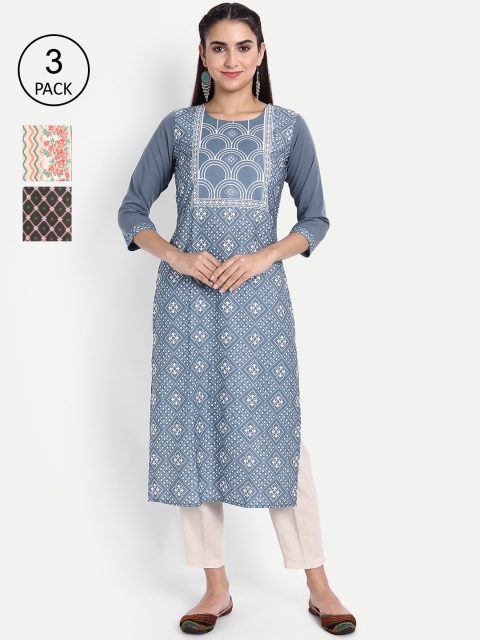 

Ethnic basket Women Pack Of 3 Printed Crepe Kurta, Blue