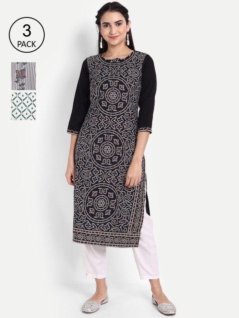 

Ethnic basket Women Pack of 3 Ethnic Motifs Printed Crepe Kurta, Black