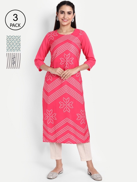 

Ethnic basket Women Pack of 3 Ethnic Motifs Printed Crepe Kurta, Pink