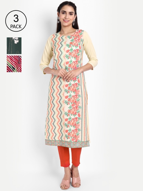 

Ethnic basket Women Pack of 3 Ethnic Motifs Printed Crepe Kurta, Yellow