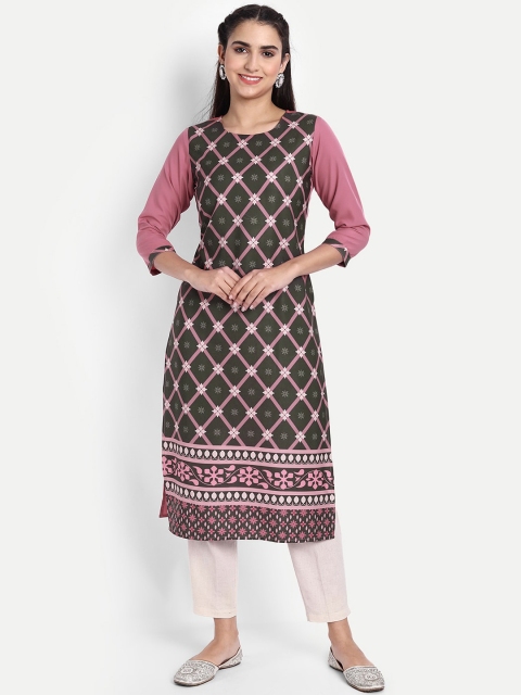 

Ethnic basket Women Multicoloured Printed Thread Work Floral Crepe Kurta, Multi