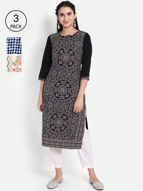 

Ethnic basket Women Pack Of 3 Printed Crepe Kurta, Black