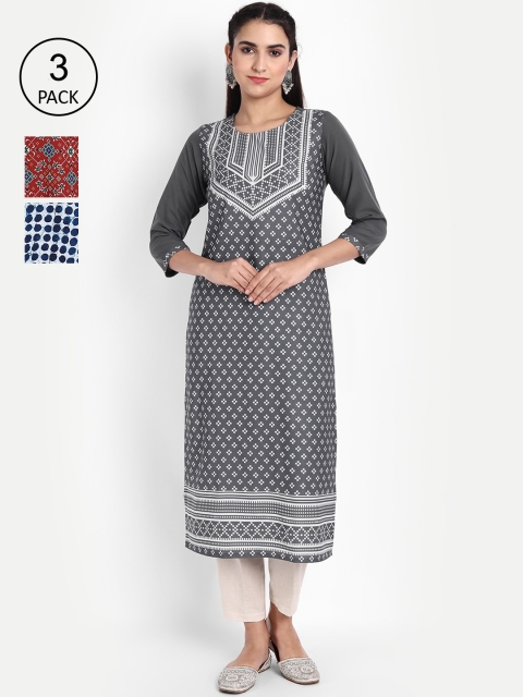 

Ethnic basket Women Pack of 3 Ethnic Motifs Printed Crepe Kurta, Grey