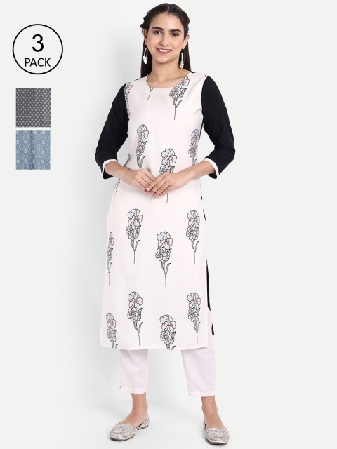 

Ethnic basket Women Pack Of 3 Printed Crepe Kurta, White
