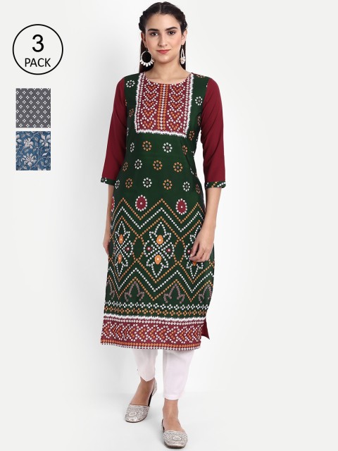 

Ethnic basket Women Pack of 3 Ethnic Motifs Printed Crepe Kurta, Green