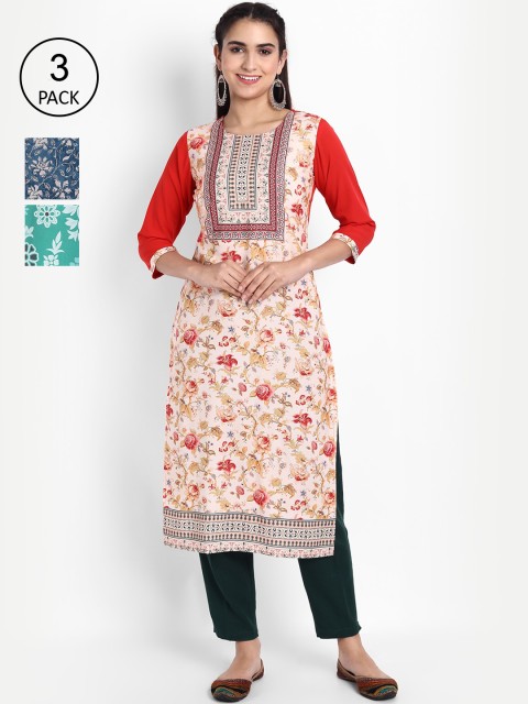 

Ethnic basket Women Pack of 3 Ethnic Motifs Printed Crepe Kurta, Red