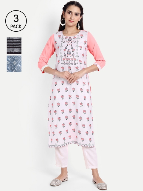 

Ethnic basket Women Pack Of 3 Printed Crepe Kurta, White