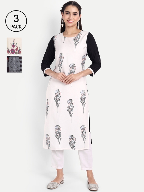

Ethnic basket Women Pack of 3 Ethnic Motifs Printed Crepe Kurta, Black