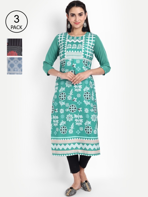 

Ethnic basket Women Pack of 3 Ethnic Motifs Printed Crepe Kurta, Green