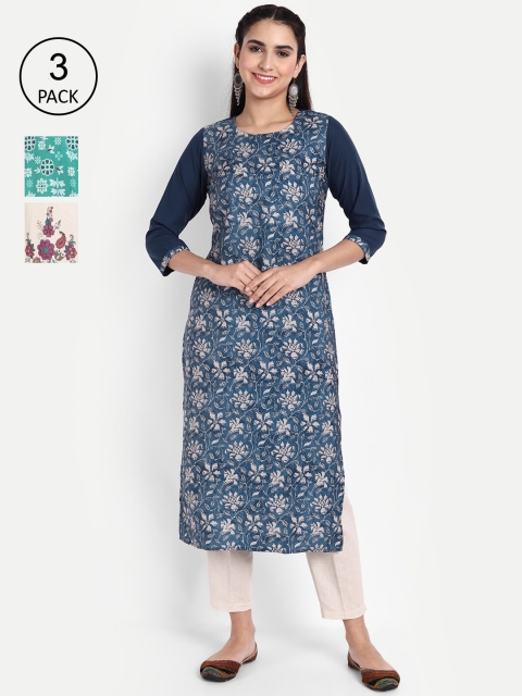

Ethnic basket Women Pack Of 3 Printed Crepe Kurta, Blue