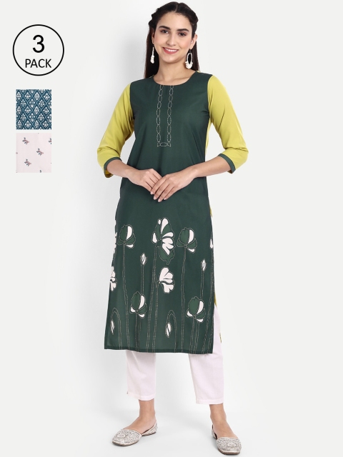 

Ethnic basket Women Pack of 3 Ethnic Motifs Printed Crepe Kurta, Green
