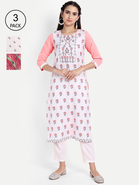 

Ethnic basket Women Pack of 3 Ethnic Motifs Printed Crepe Kurta, Pink