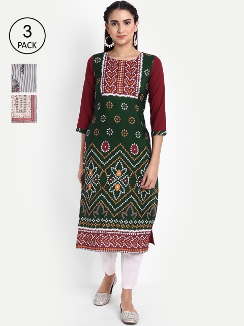 

Ethnic basket Women Pack of 3 Ethnic Motifs Printed Crepe Kurta, Green