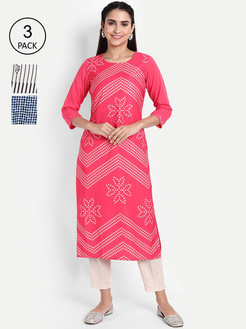 

Ethnic basket Women Pack of 3 Ethnic Motifs Printed Crepe Kurta, Pink
