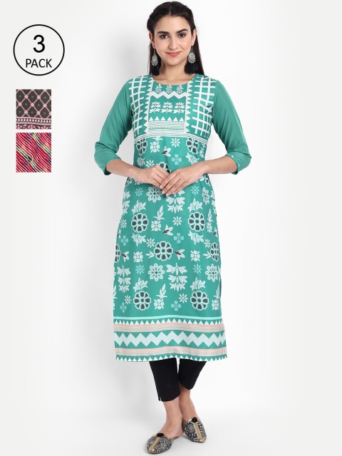 

Ethnic basket Women Pack of 3 Ethnic Motifs Printed Crepe Kurta, Green