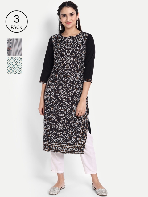 

Ethnic basket Women Pack Of 3 Printed Crepe Kurta, Black