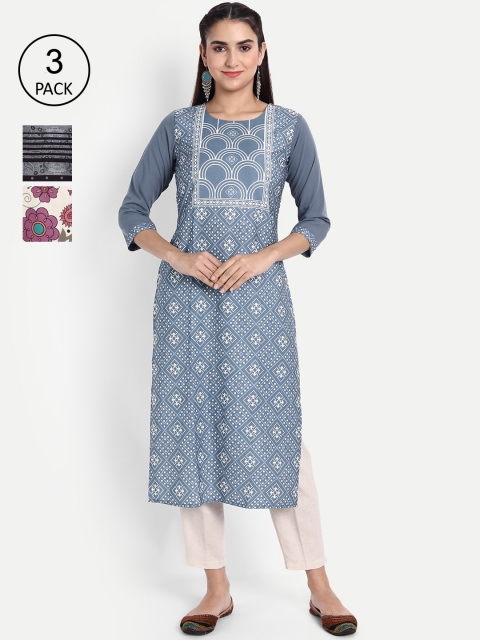 

Ethnic basket Women Pack Of 3 Printed Crepe Kurta, Blue