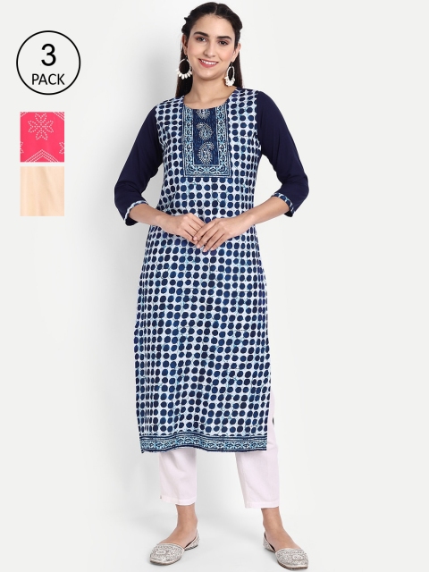 

Ethnic basket Women Pack Of 3 Printed Crepe Kurta, Blue