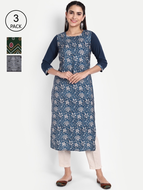 

Ethnic basket Women Pack Of 3 Printed Crepe Kurta, Blue