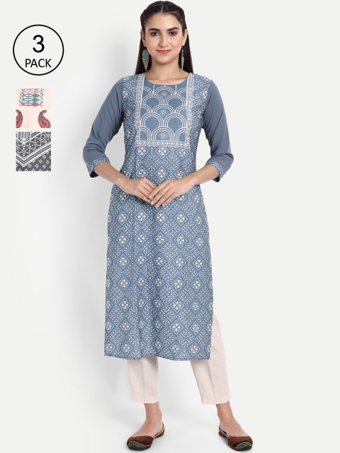 

Ethnic basket Women Pack of 3 Ethnic Motifs Printed Crepe Kurta, Grey
