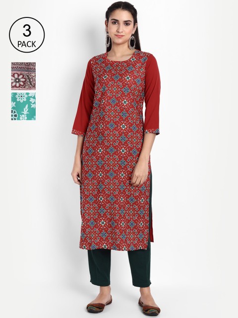 

Ethnic basket Women Pack Of 3 Printed Crepe Kurta, Red