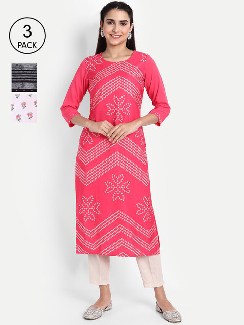 

Ethnic basket Women Pack Of 3 Printed Crepe Kurta, Pink