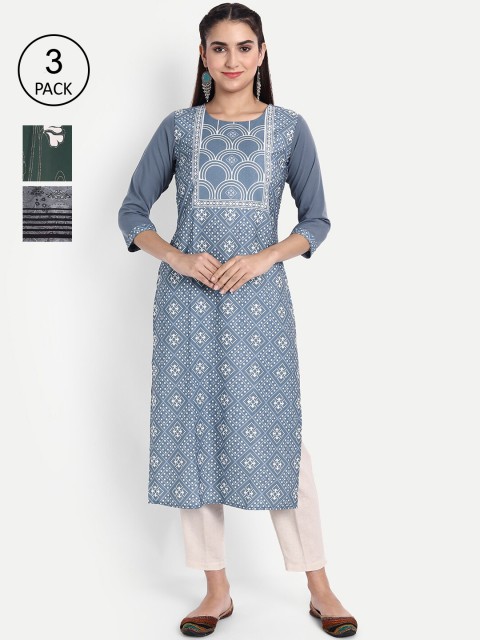 

Ethnic basket Women Multicoloured Geometric Printed Thread Work Floral Crepe Kurta, Multi