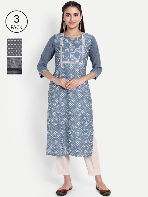 

Ethnic basket Women Pack of 3 Ethnic Motifs Printed Crepe Kurta, Grey