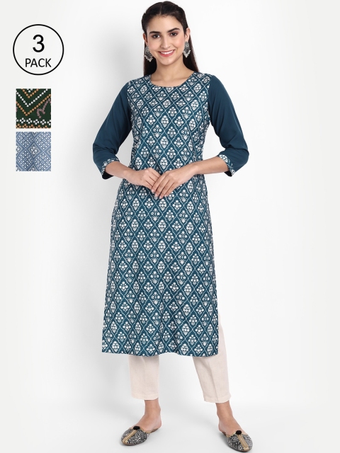 

Ethnic basket Women Pack Of 3 Printed Crepe Kurta, Blue